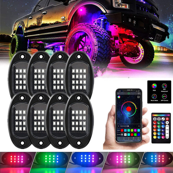 RGB LED Rock Lights Underbody Wireless APP Music Chasing Offroad ATV 12V 8 Pods