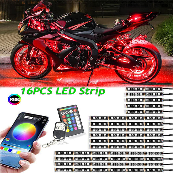 16Motorcycle LED Under Glow Red Light Off-Road RGB Strip Kit For Harley Davidson