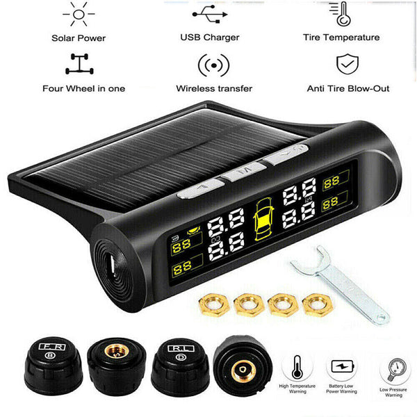 Wireless Solar TPMS LCD USB Car Tire Pressure Monitoring System 4External Sensor