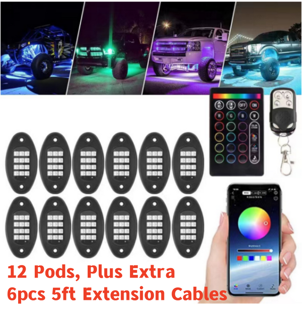 12 Pods RGB LED Rock Lights Underbody Wireless APP Music Chasing Offroad ATV