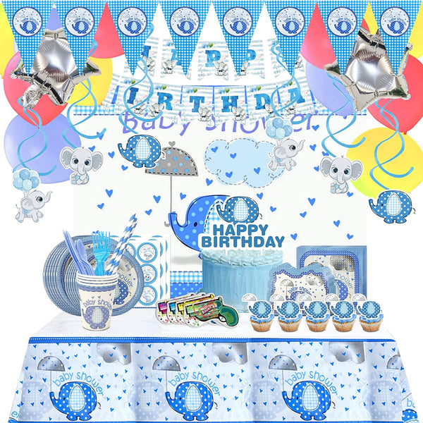 Blue Elephant Party Supplies- Blue Elephant Birthday Party Decorations, Includes 228pcs Decorations, Tableware, and Party Favors for 10 Guests Vewior