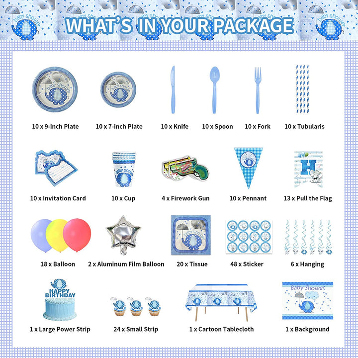 Blue Elephant Party Supplies- Blue Elephant Birthday Party Decorations, Includes 228pcs Decorations, Tableware, and Party Favors for 10 Guests Vewior