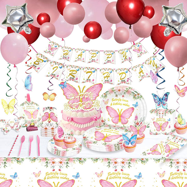 Butterfly Party Supplies for Girls- Butterfly Birthday Party Decorations, Includes 186pcs Decorations, Tableware, and Party Favors for 10 Guests Vewior