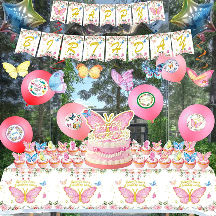 Butterfly Party Supplies for Girls- Butterfly Birthday Party Decorations, Includes 186pcs Decorations, Tableware, and Party Favors for 10 Guests Vewior