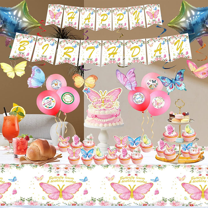 Butterfly Party Supplies for Girls- Butterfly Birthday Party Decorations, Includes 186pcs Decorations, Tableware, and Party Favors for 10 Guests Vewior