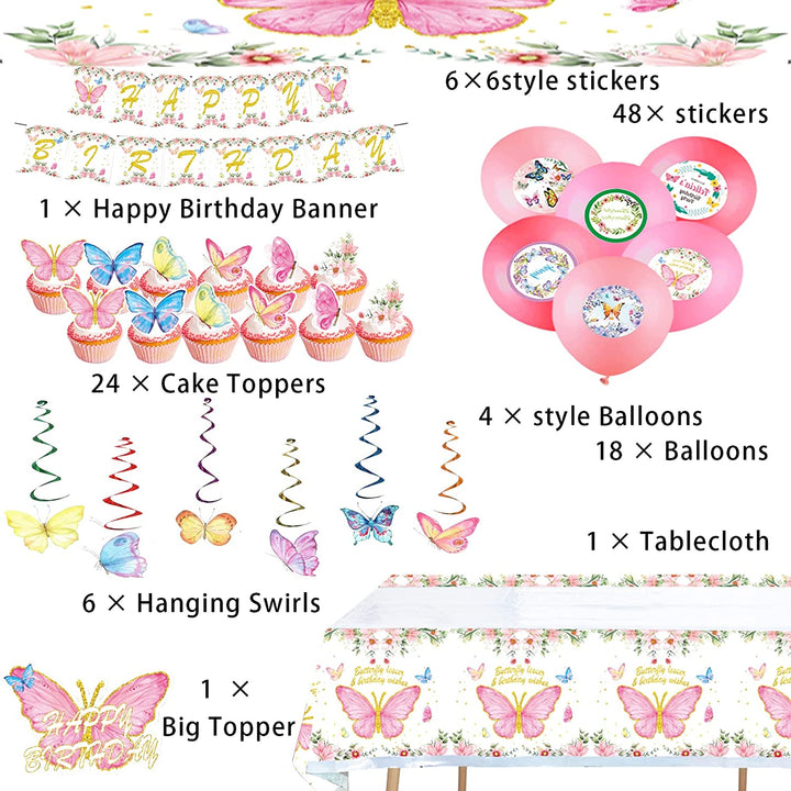 Butterfly Party Supplies for Girls- Butterfly Birthday Party Decorations, Includes 186pcs Decorations, Tableware, and Party Favors for 10 Guests Vewior