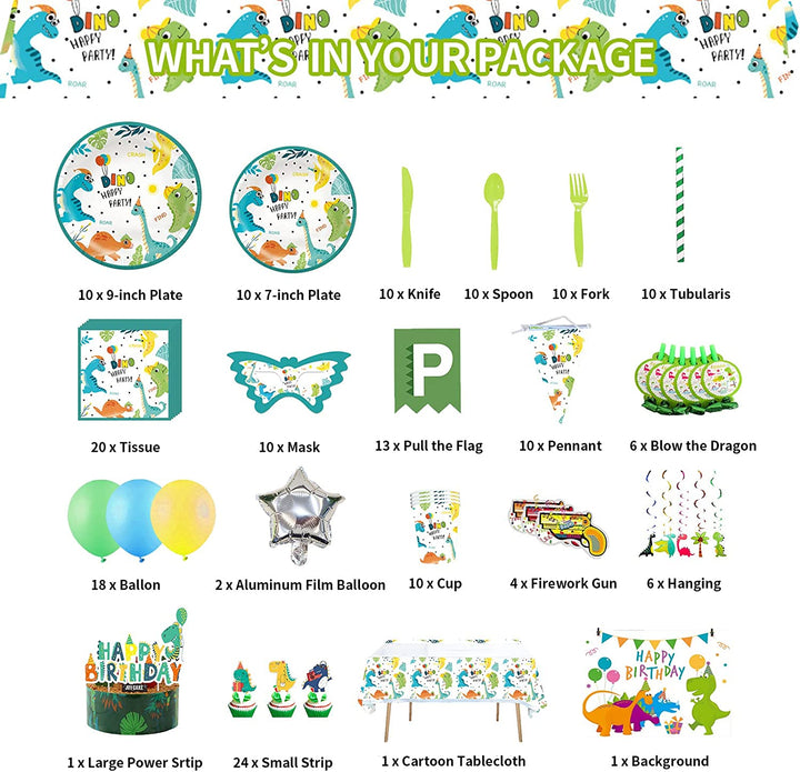 Dinosaur Party Supplies- Dinosaur Birthday Party Decorations, Includes 186pcs Decorations, Tableware, and Party Favors for 10 Guests Vewior