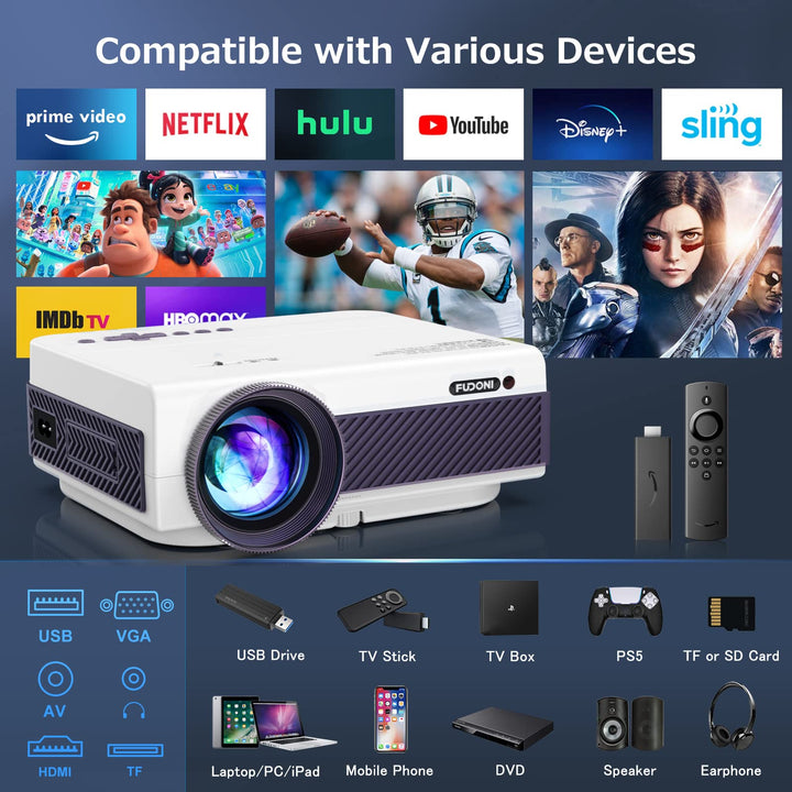 Projector with WiFi and Bluetooth, FUDONI 5G WiFi Native 1080P Outdoor Projector 10000L Support 4K, Portable Movie Projector with Screen and Max 300", for iOS/Android/Laptop/TV Stick/HDMI/USB/VGA/TF Fudonipower.com