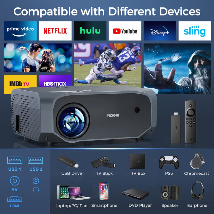 FUDONI Projector with 5G WiFi and Bluetooth, 10000L Native 1080P Portable Outdoor Video Projector 4K Supported, Home Theater Movie Projector with Screen for Phone/PC/TV Stick/PS5 FUDONI