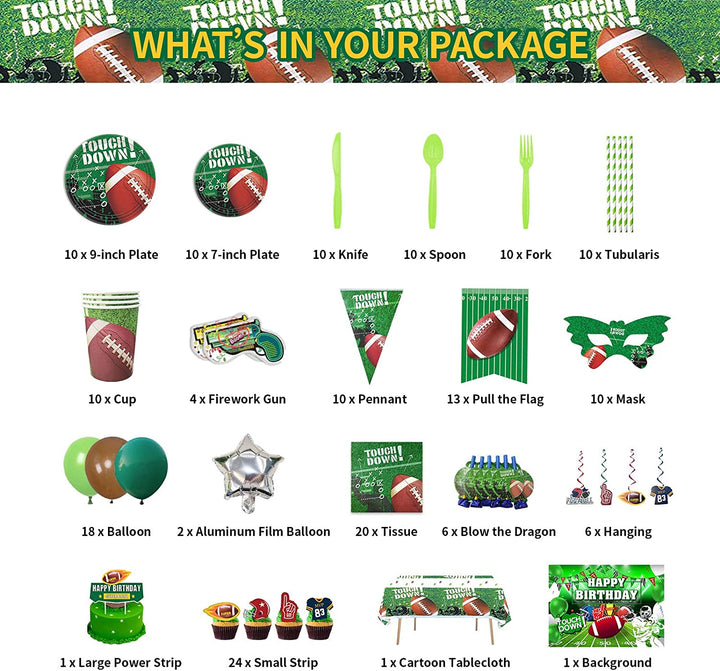Rugby Party Supplies- Rugby Birthday Party Decorations, Includes 186pcs Decorations, Tableware, and Party Favors for 10 Guests Vewior