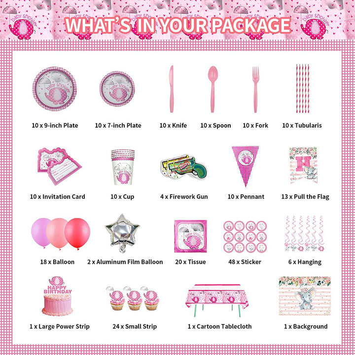 VEWIOR Pink Elephant Party Supplies for Girls- Pink Elephant Birthday Party Decorations, Includes 228pcs Decorations, Tableware, and Party Favors for 10 Guests Vewior