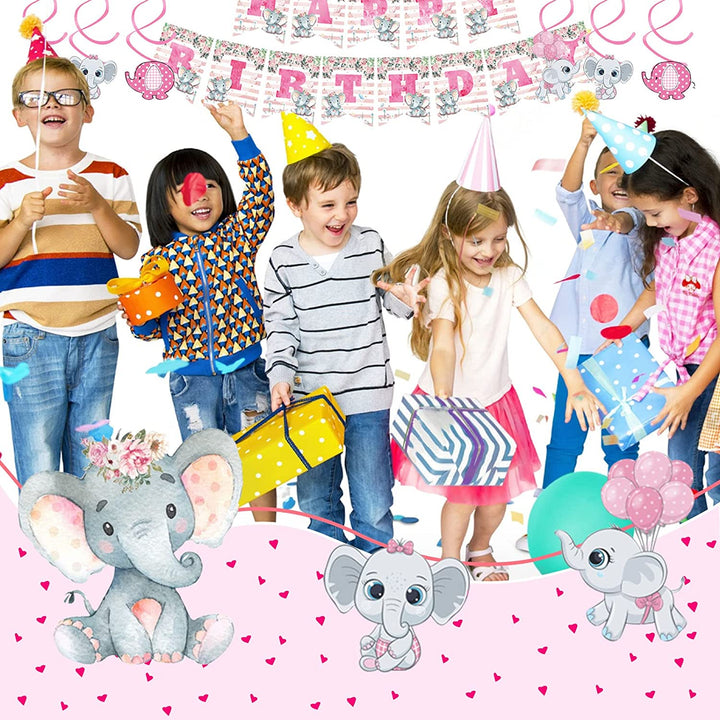 VEWIOR Pink Elephant Party Supplies for Girls- Pink Elephant Birthday Party Decorations, Includes 228pcs Decorations, Tableware, and Party Favors for 10 Guests Vewior