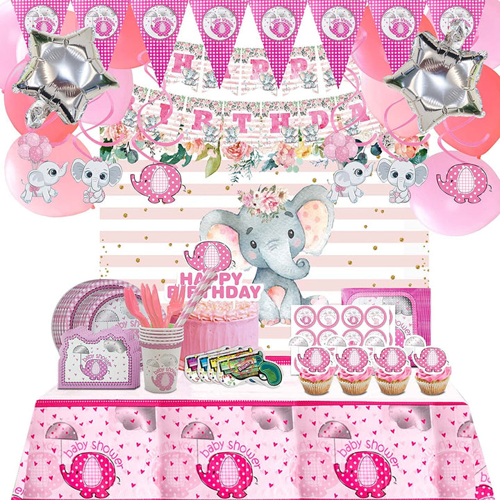 Pink Elephant Party Supplies for Girls- Pink Elephant Birthday Party Decorations, Includes 343pcs Decorations, Tableware, and Party Favors for 20 Guests Vewior